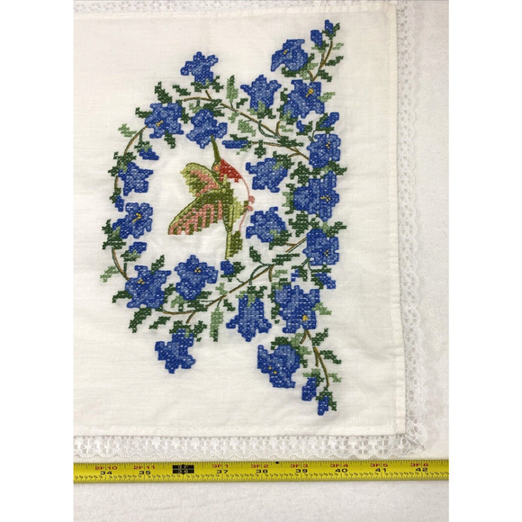 Two Hummingbird‎ Floral Embroidered Table Runners White Cotton Lace Trim - Picture 7 of 10